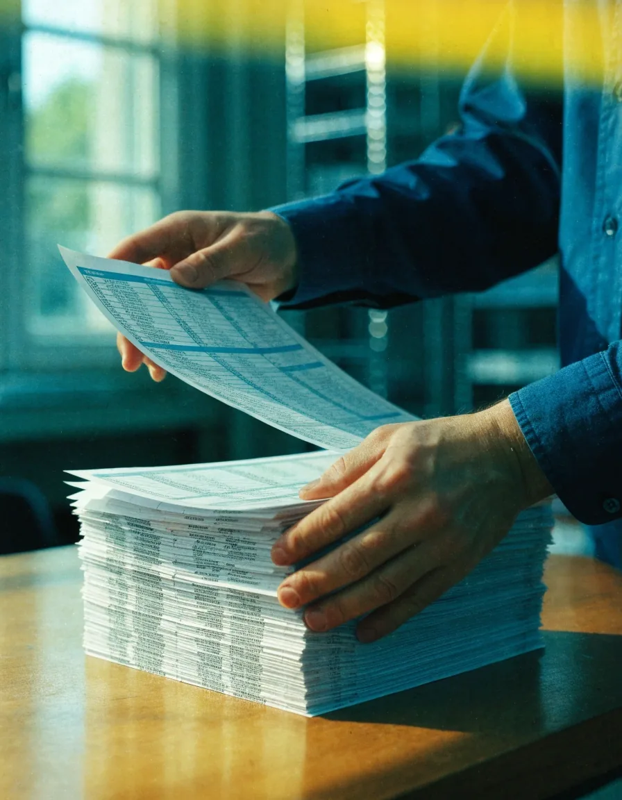 Hands sorting printed payroll budget sheets on a counter in warm morning light
