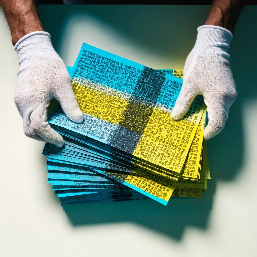 Overhead view of a printed payroll budget grid with two overlapping ink zones on uncoated paper