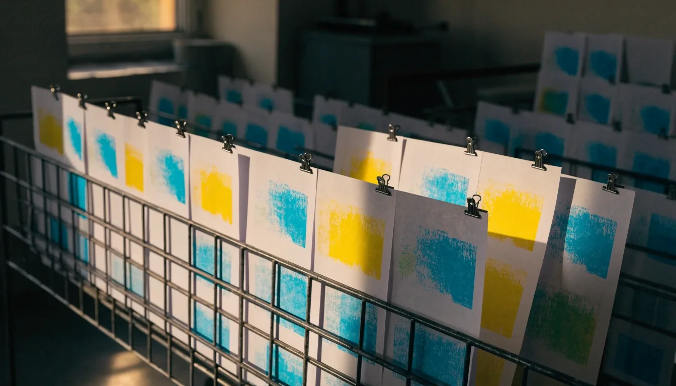 Drying rack of salary-band sheets printed in cyan and yellow ink in a risograph studio