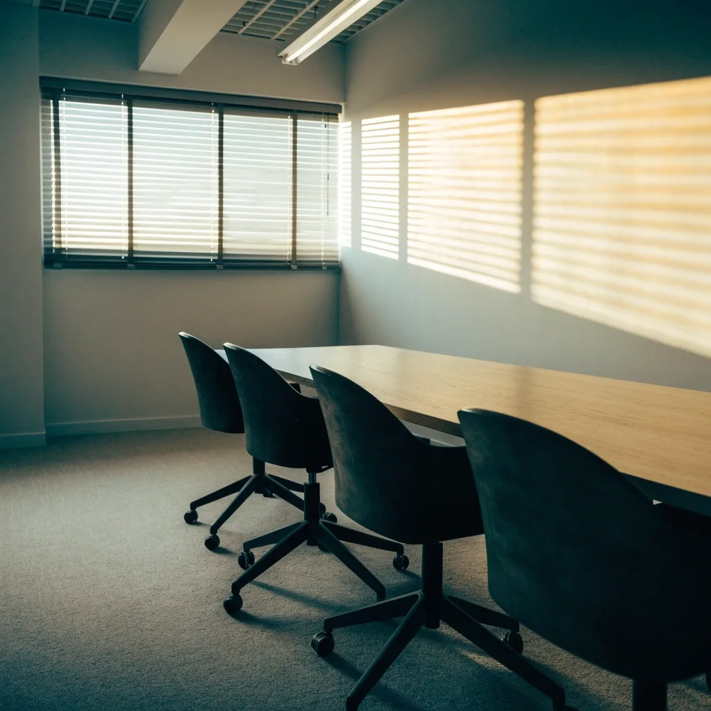 An empty editorial meeting room in the early morning, chairs pushed back from a plain table with warm sun stripes across the wall