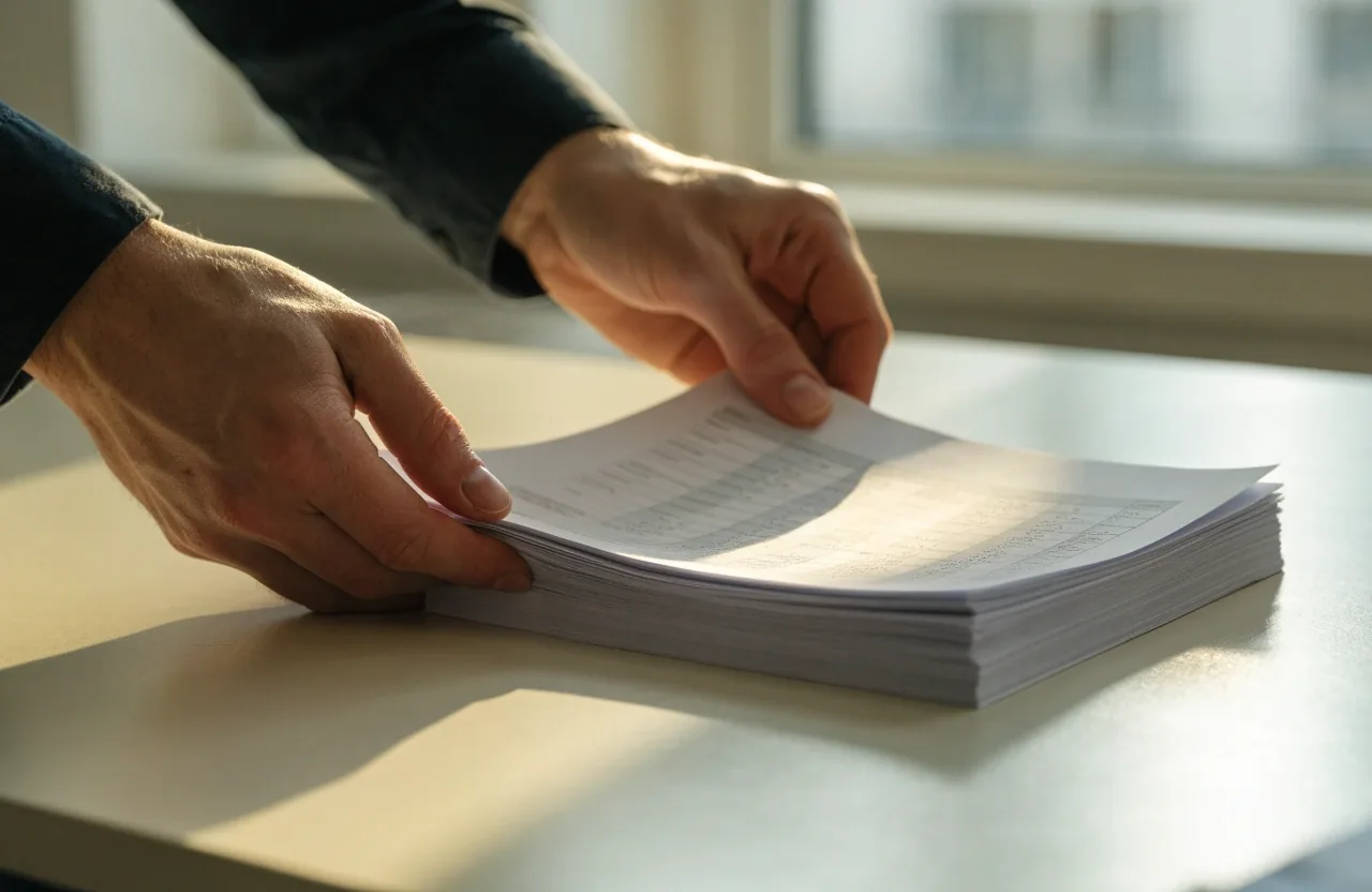 Hands sorting a stack of printed pages on a counter in warm morning light