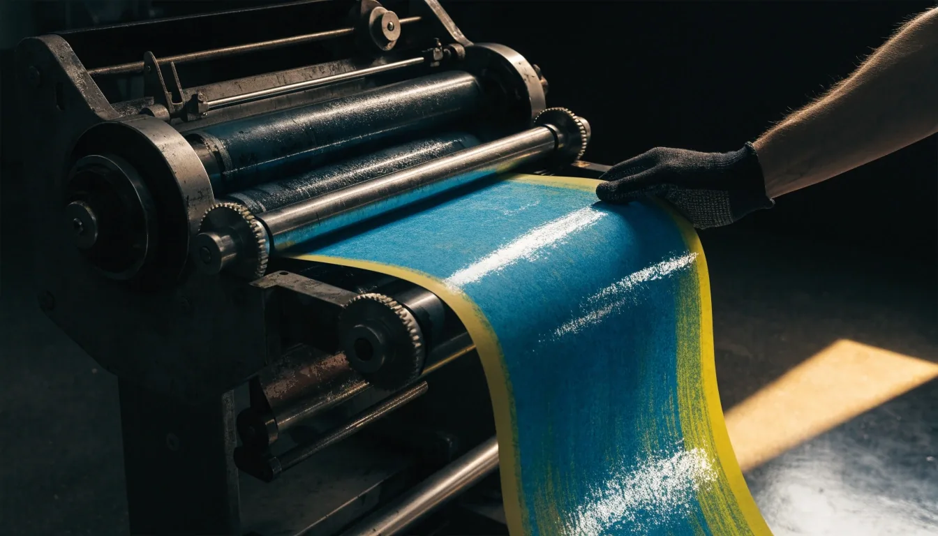 Freshly printed salary band sheets drying in a rack under a hard sun stripe in a dim studio
