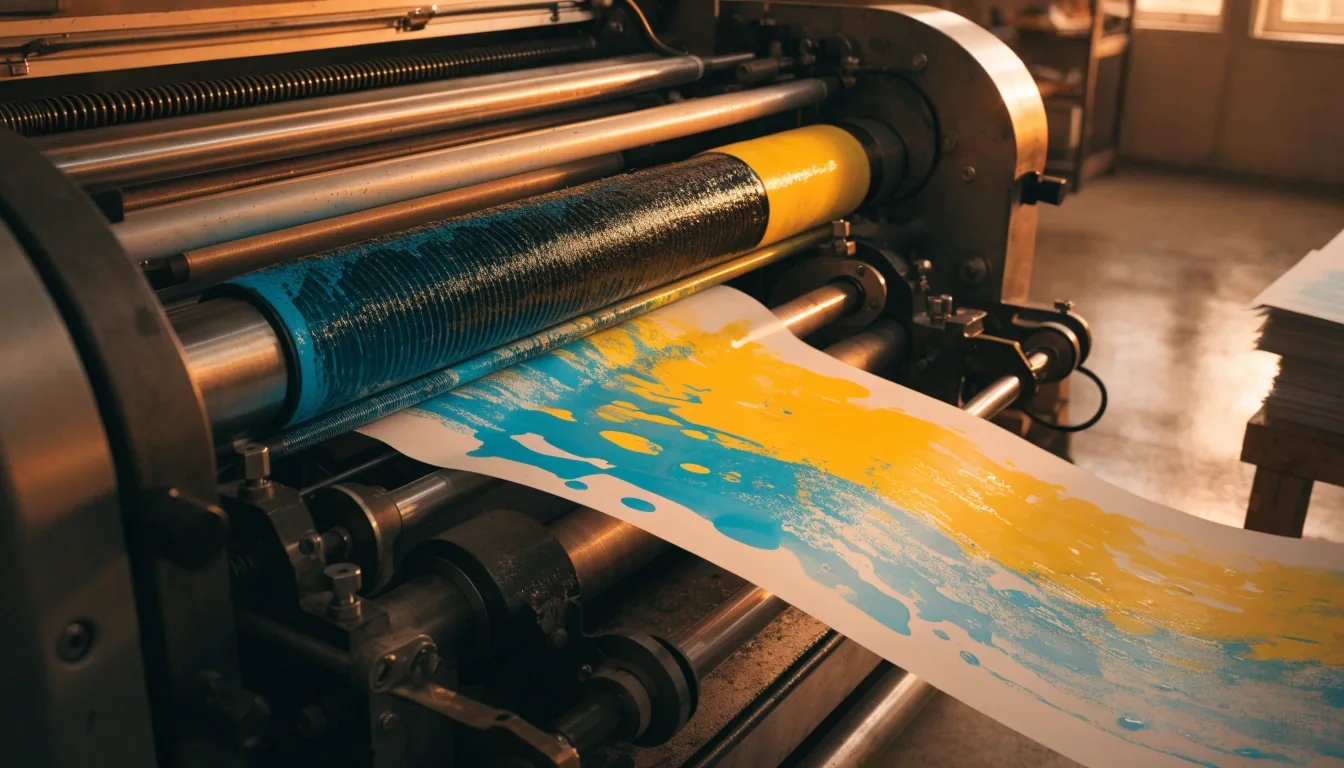 Overhead view of a printed payroll budget grid with cyan and yellow ink overlap zones on uncoated paper