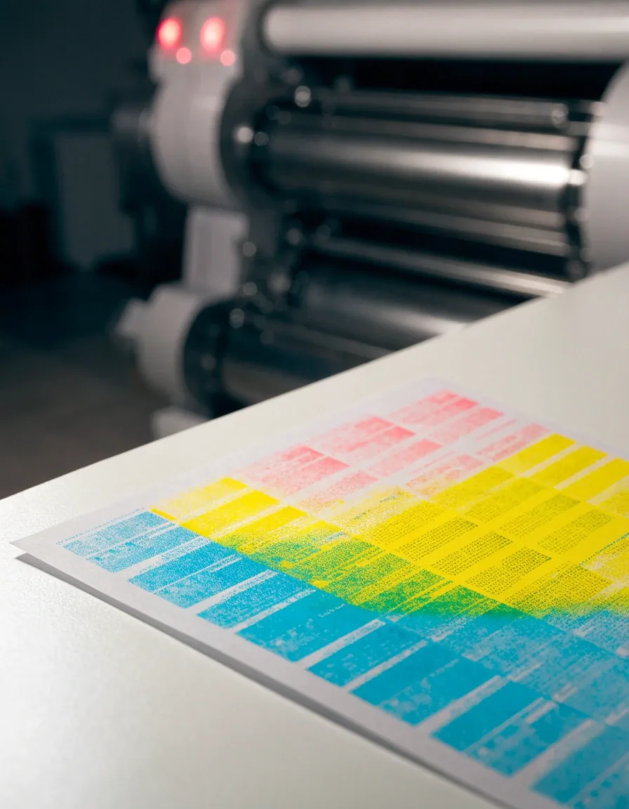 Close view of a printed sheet emerging from a two-drum press with cyan and yellow cost bands layered across it