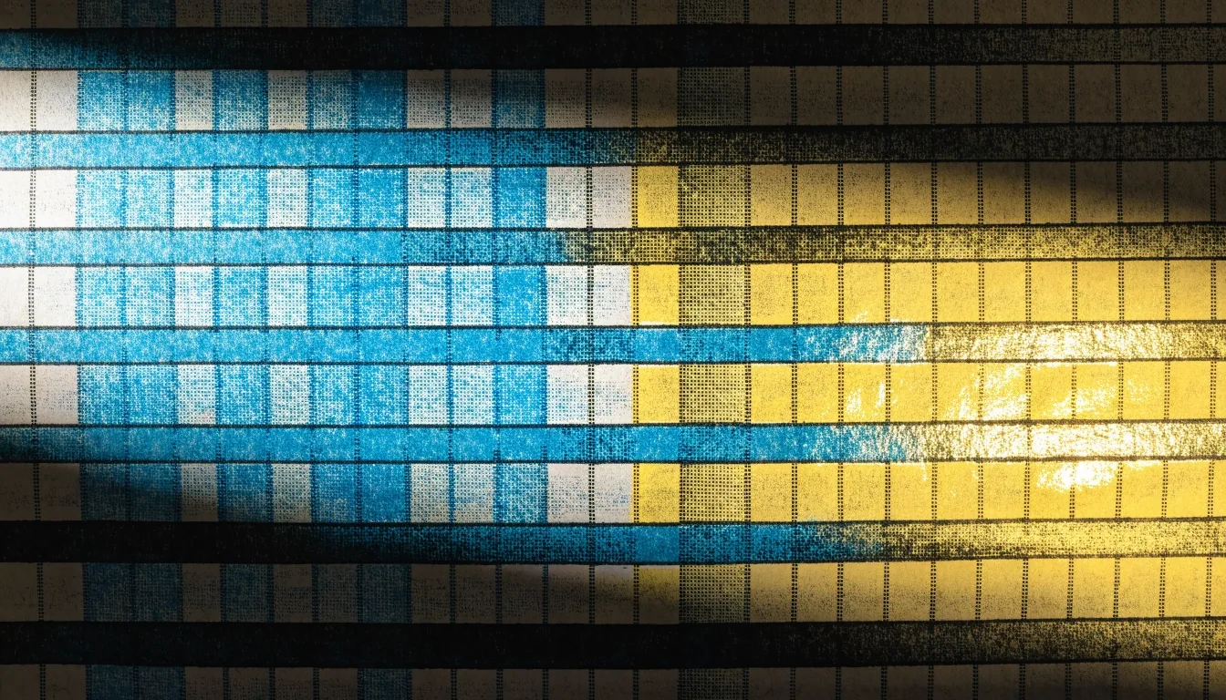 Overhead view of a printed payroll budget sheet with cyan and yellow cost bands overlapping along a narrow strip