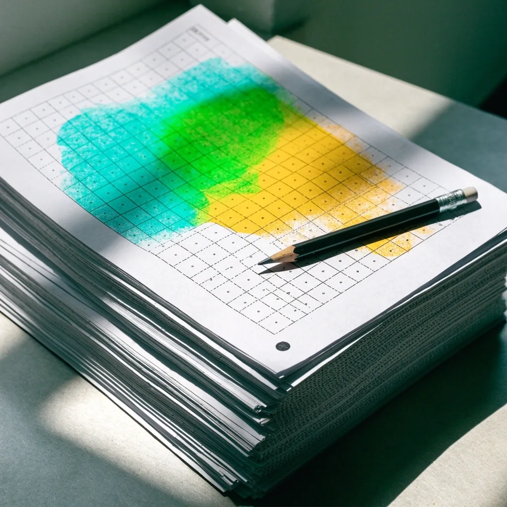 Oversized printed approval sheet on a counter with one region marked by an overlapping cyan and yellow ink band