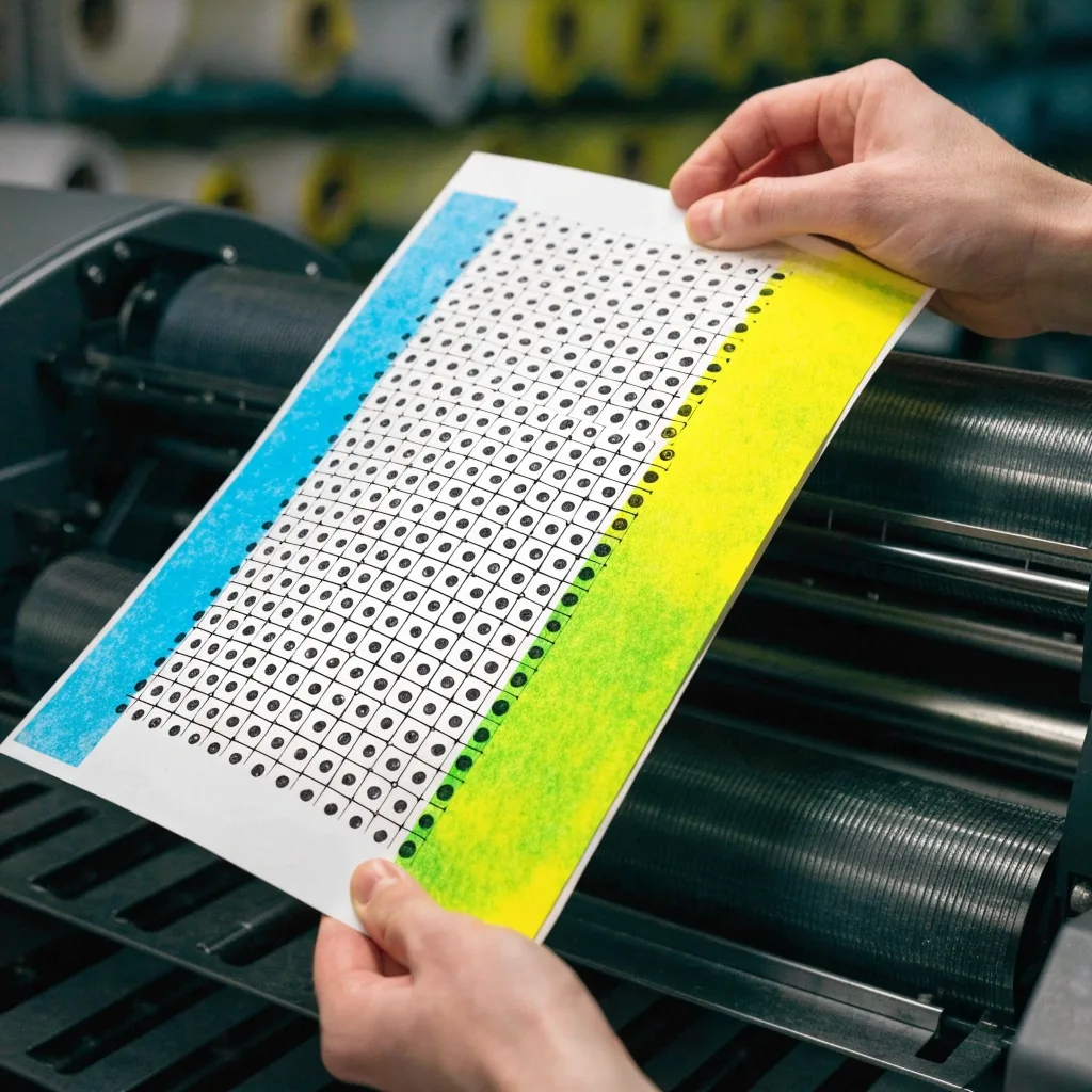 A printed payroll budget sheet with cyan and yellow ink zones overlapping into a third colour