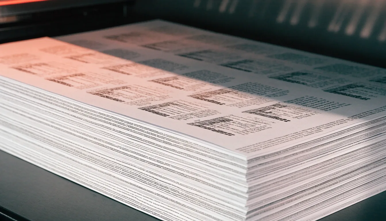 A two-drum risograph press mid-run with a freshly printed sheet emerging under morning light