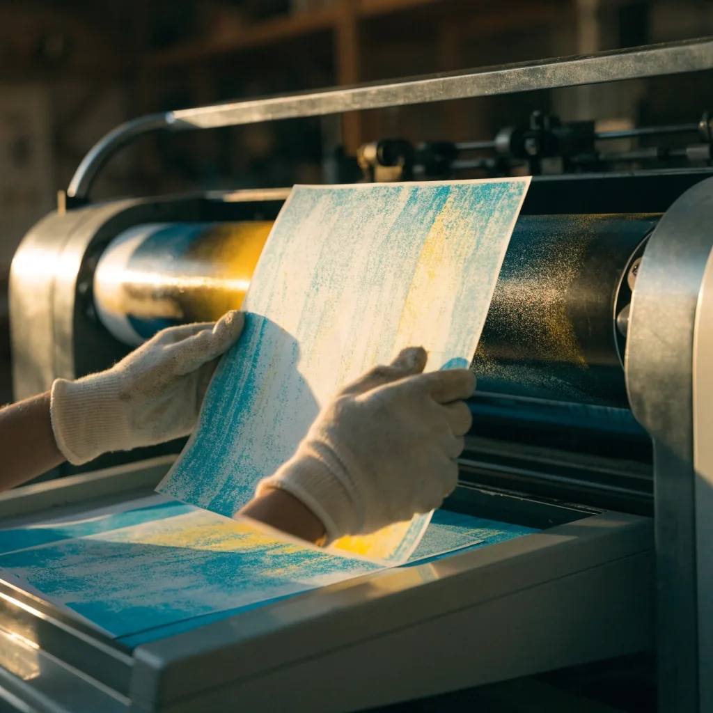 A printed sheet emerging from the drum of a compact risograph press on a matte studio counter in morning light