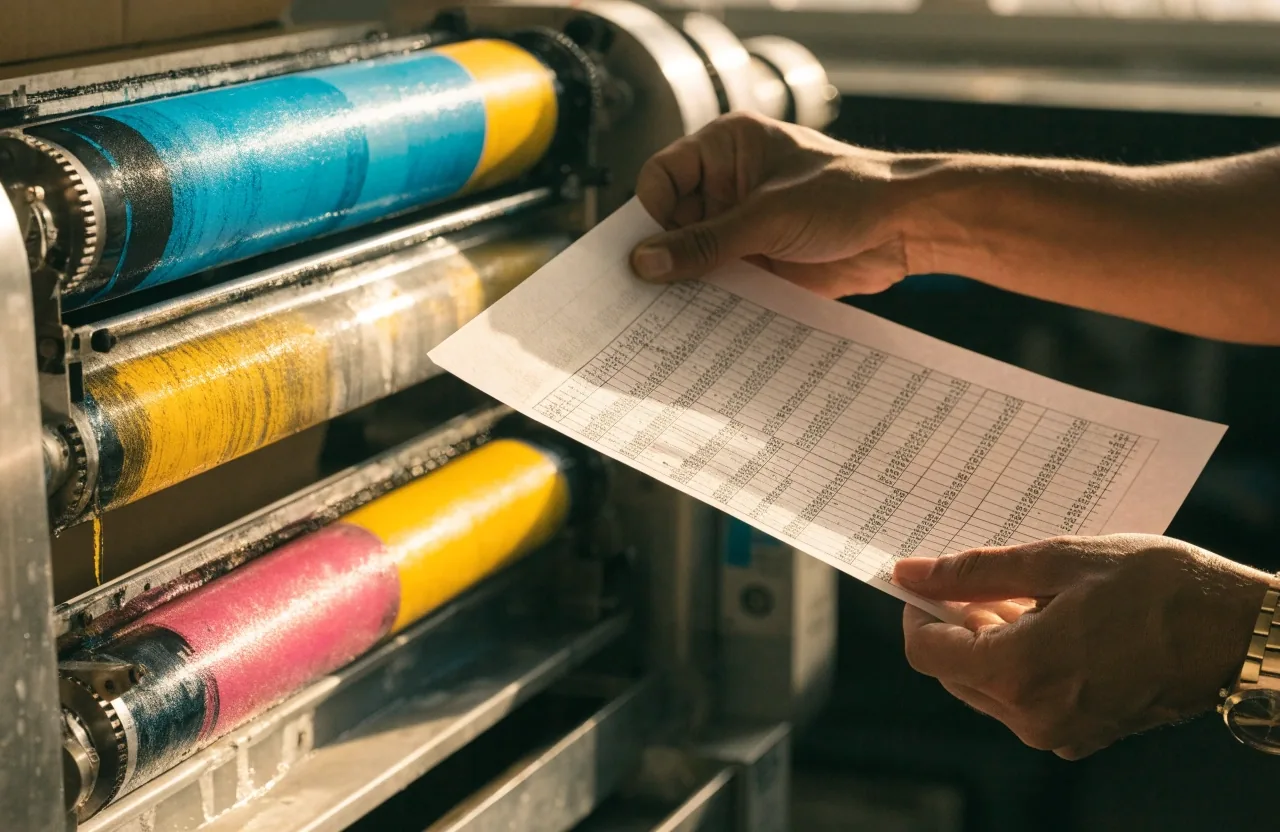A printed budget grid sheet with two overlapping ink bands resting on a studio counter