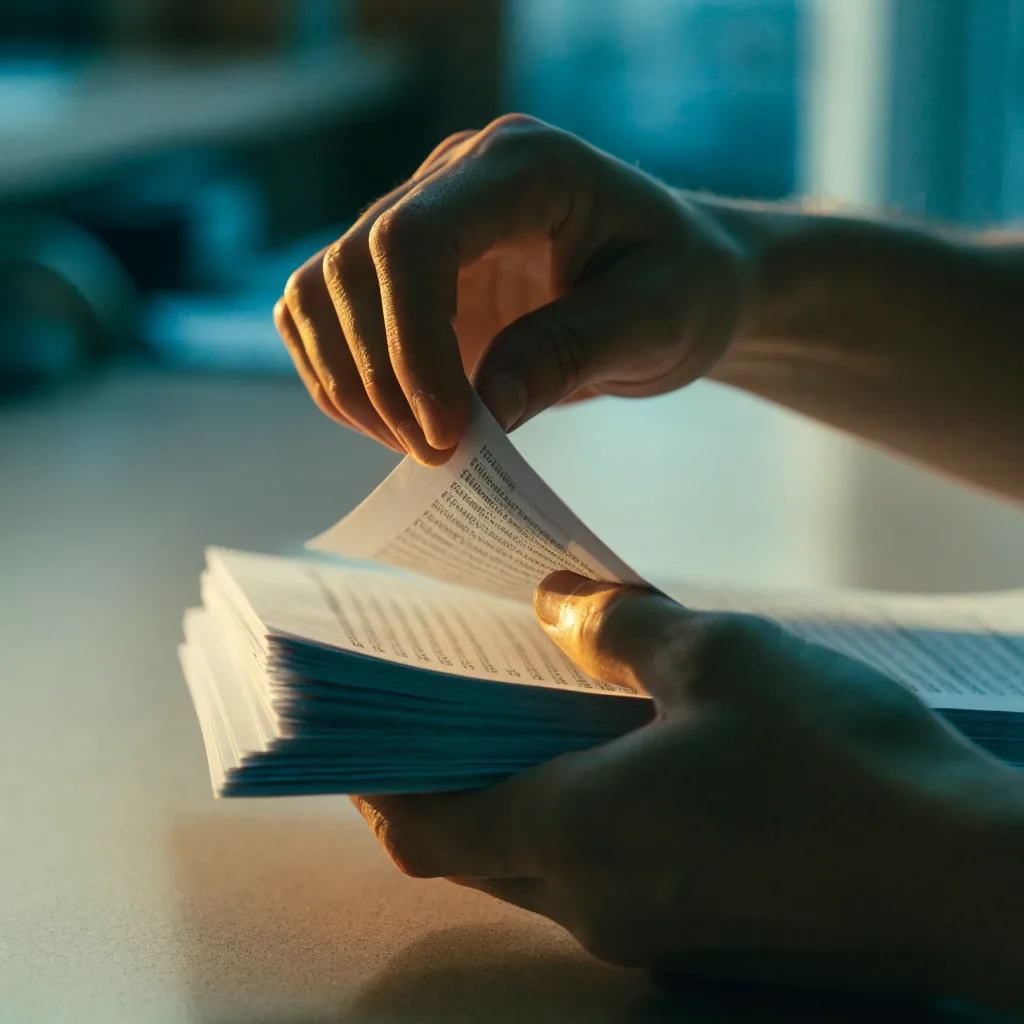 Hands sorting a stack of printed compensation sheets on a studio counter