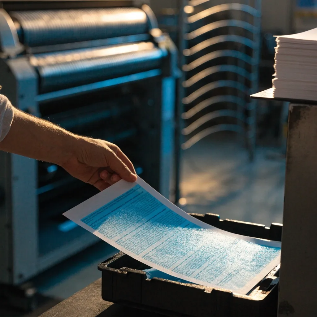 Printed terms sheets squared on a press counter under early morning sun stripes